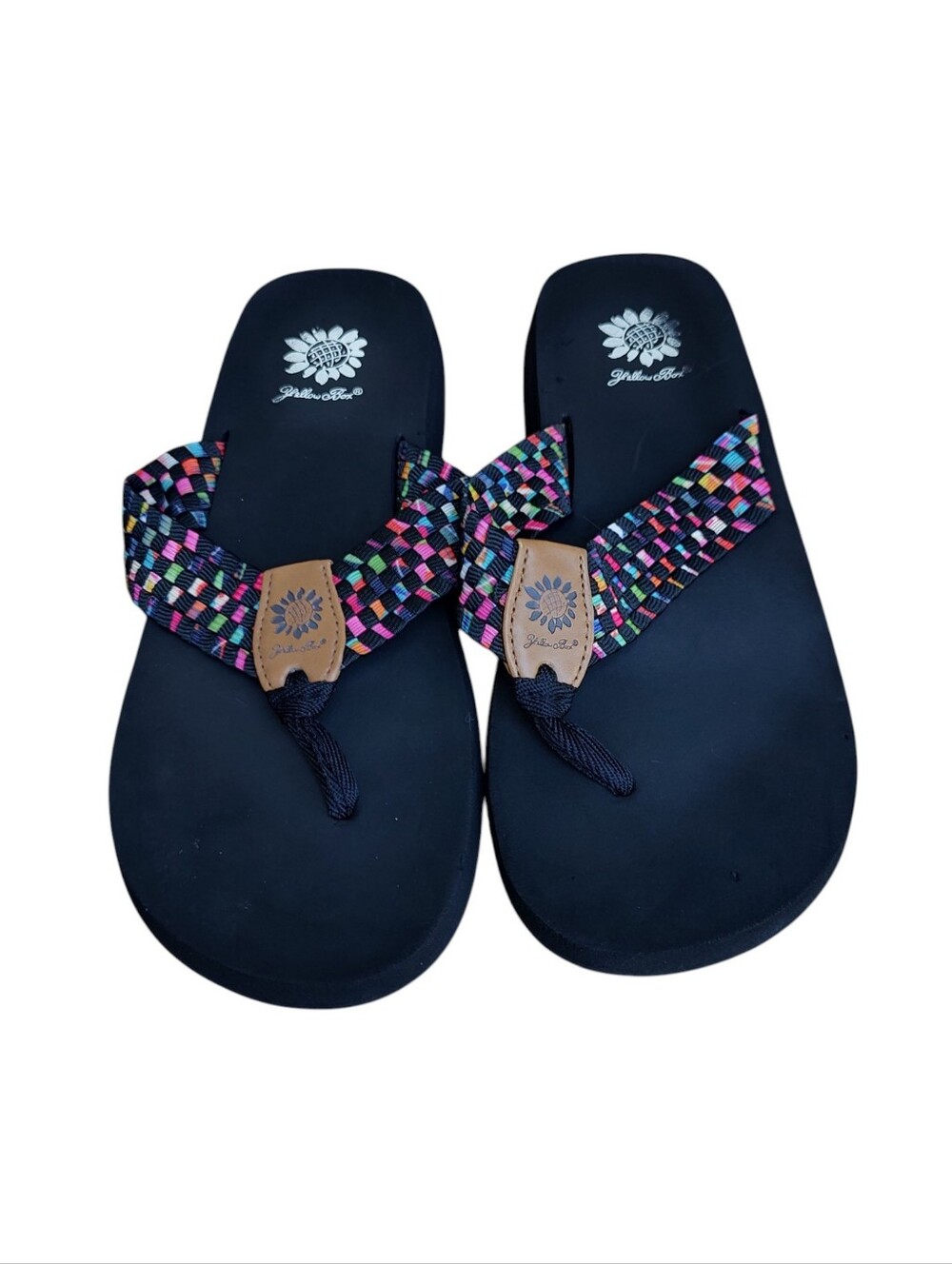 Yellow Box Black Flip Sandals with Multicolor Woven Straps